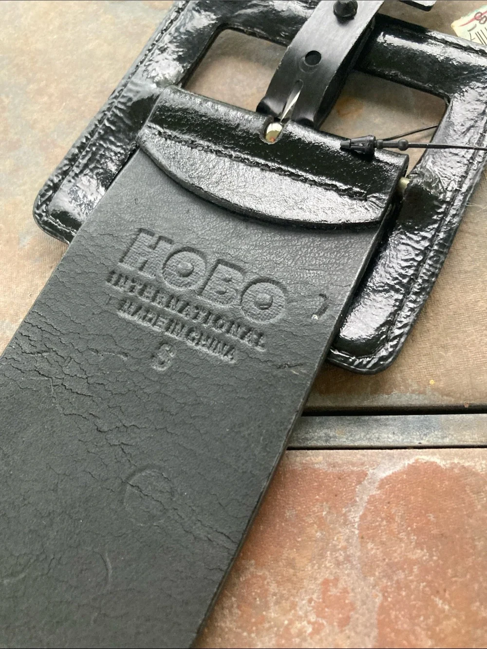 HOBO Black Patent Leather Wide Belt with Square Buckle